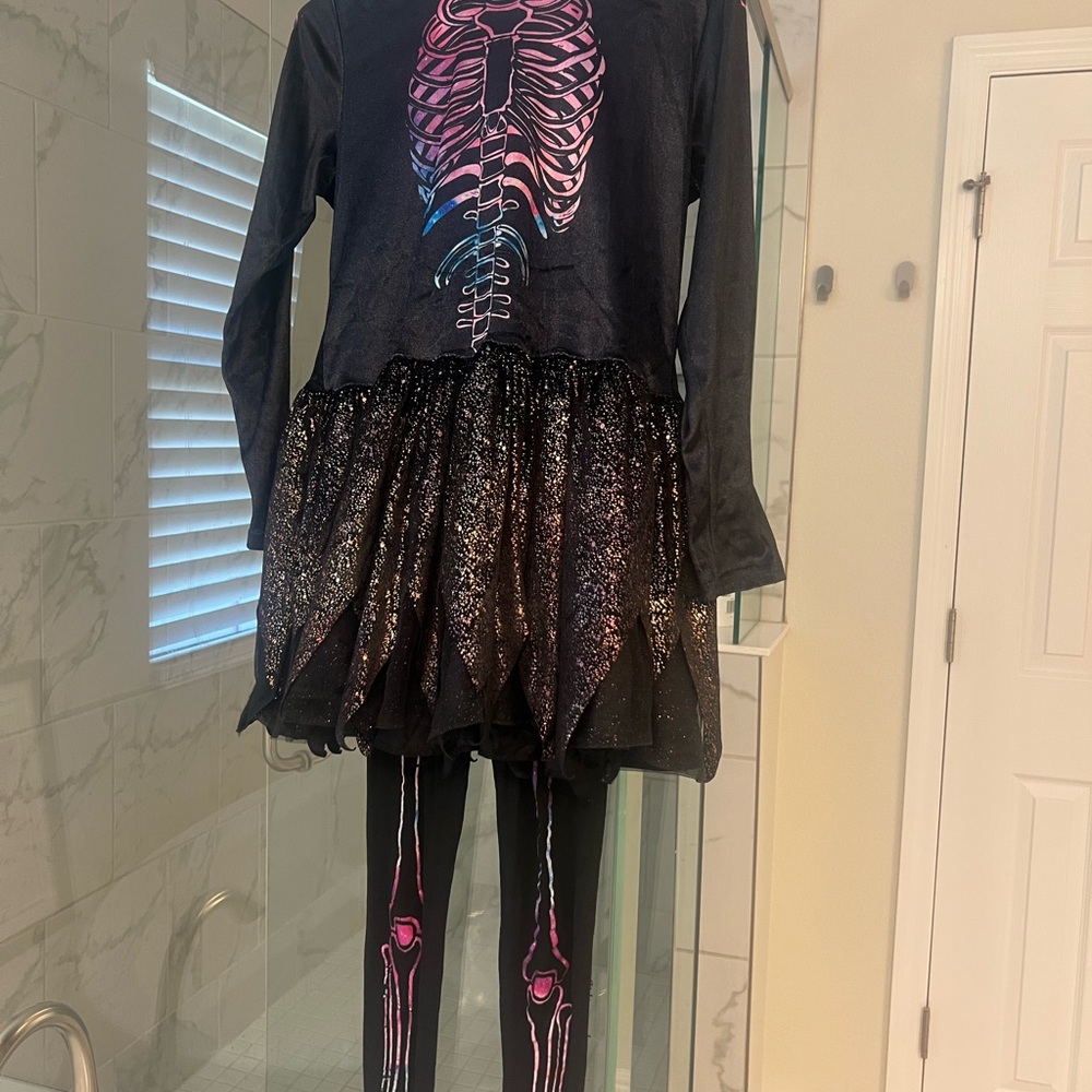 Sparkly Skeleton Kids Costume with leggings, Pink and Blue Highlights